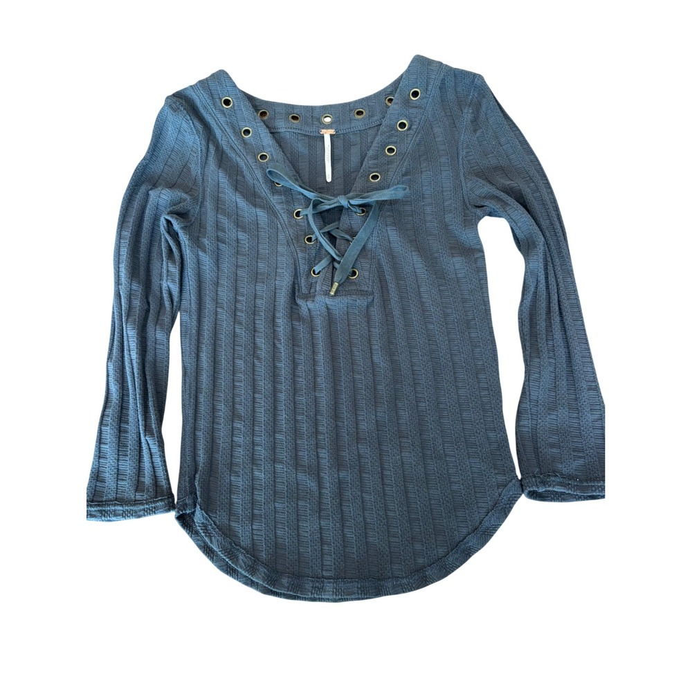 Free people lace up grommet ribbed thermal top slate blue gray small small boho